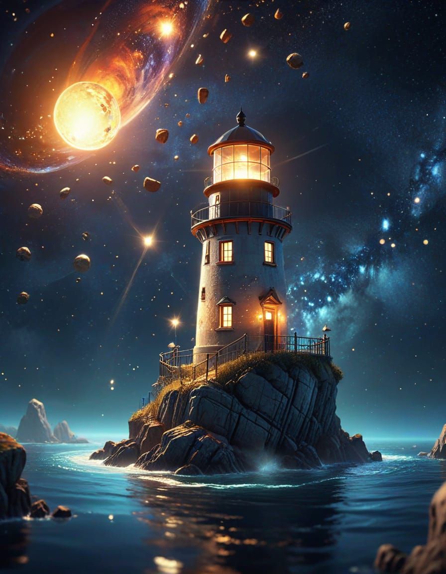 Lighthouse Planet Drifting Through Space in Animated Style