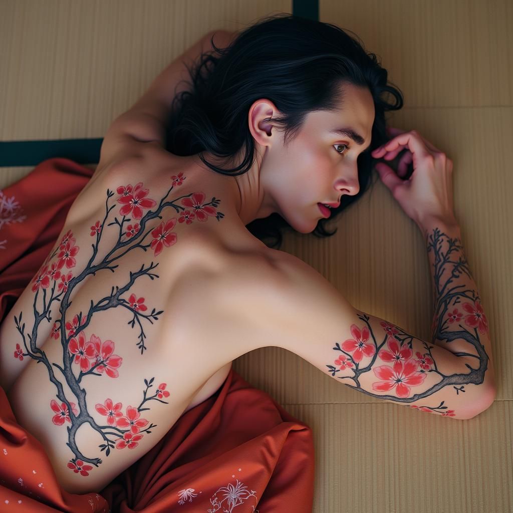 Cherry Blossom Tattoo in Watercolor Style