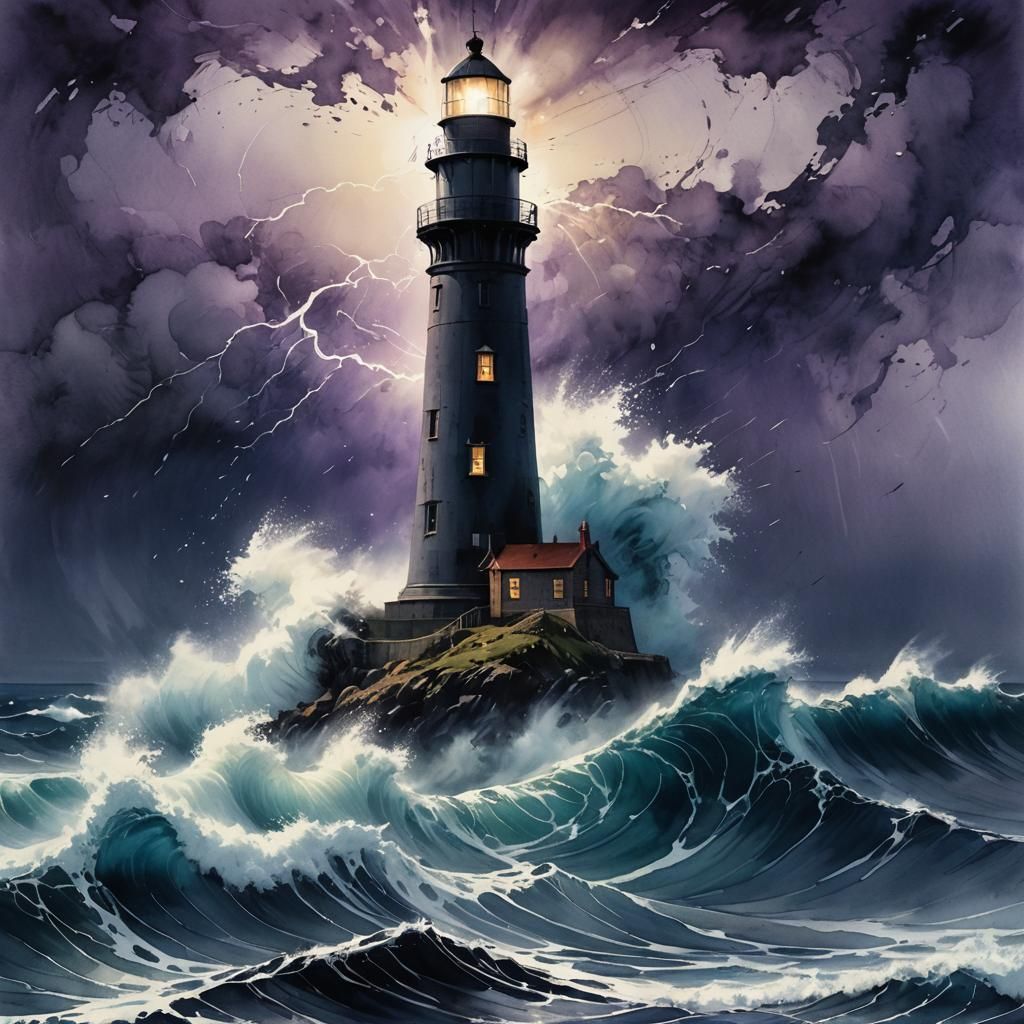 Giant Wave Crashing Over Lighthouse, Watercolor Style