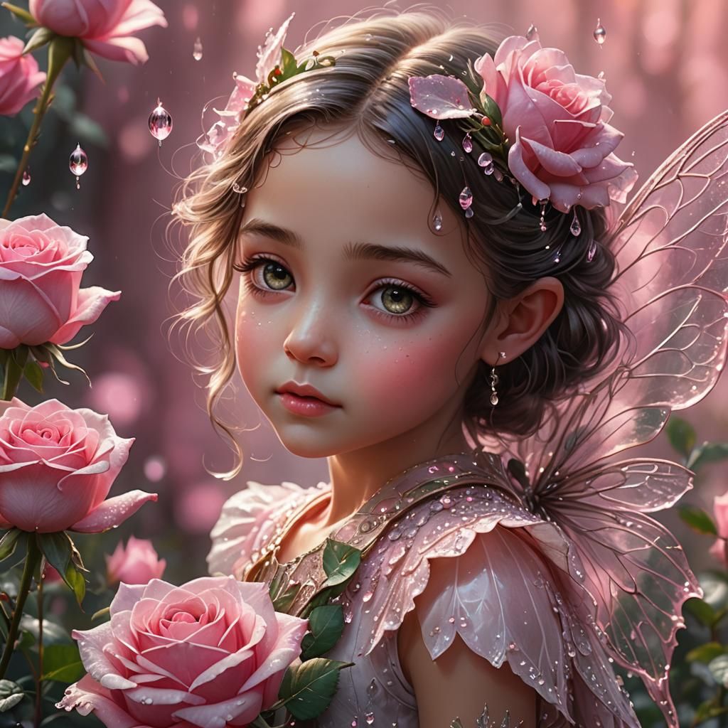 Dewdrop Fairy on Pink Rose, Digital Art