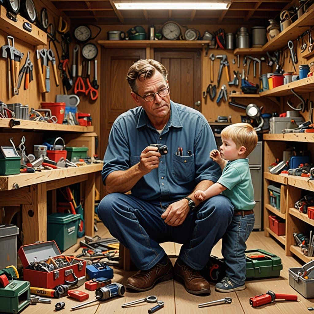 Dad Mode: A Humorous Rockwell-Style Garage Scene