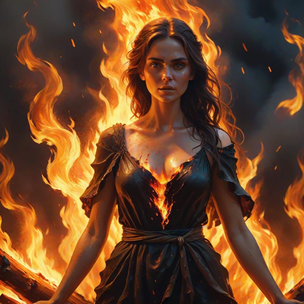 Fiery Woman on Pyre: A Vibrant Oil Painting