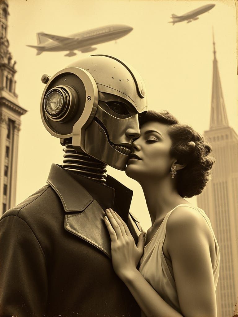 1920s Film Starlet Enchants Art Deco Android in Soaring City...