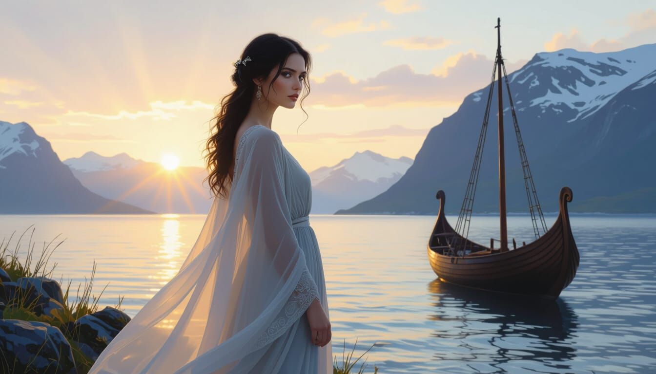 Woman by Nordic Sea Cliff in Classical Oil Painting