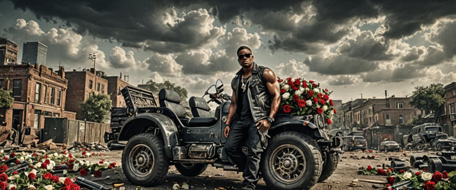 Hyperrealistic Bad Boy Surrounded by Guns and Roses