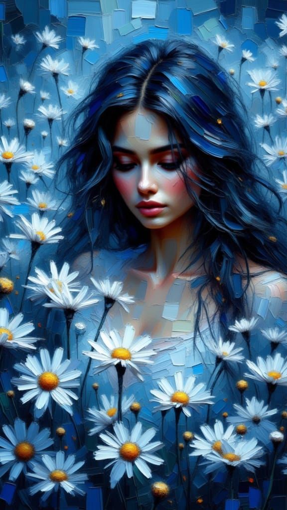 Radiant Woman Surrounded by Flowers in Impasto Style