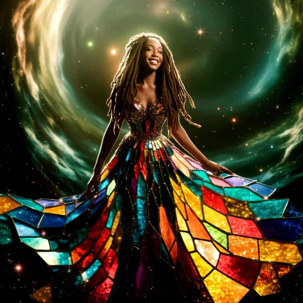 African Woman in Stained Glass Dress Amidst Nebula