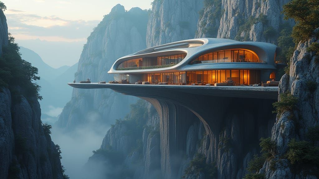 Luxury Futuristic Cliffside Estate Suspended Over a Deep Gor...