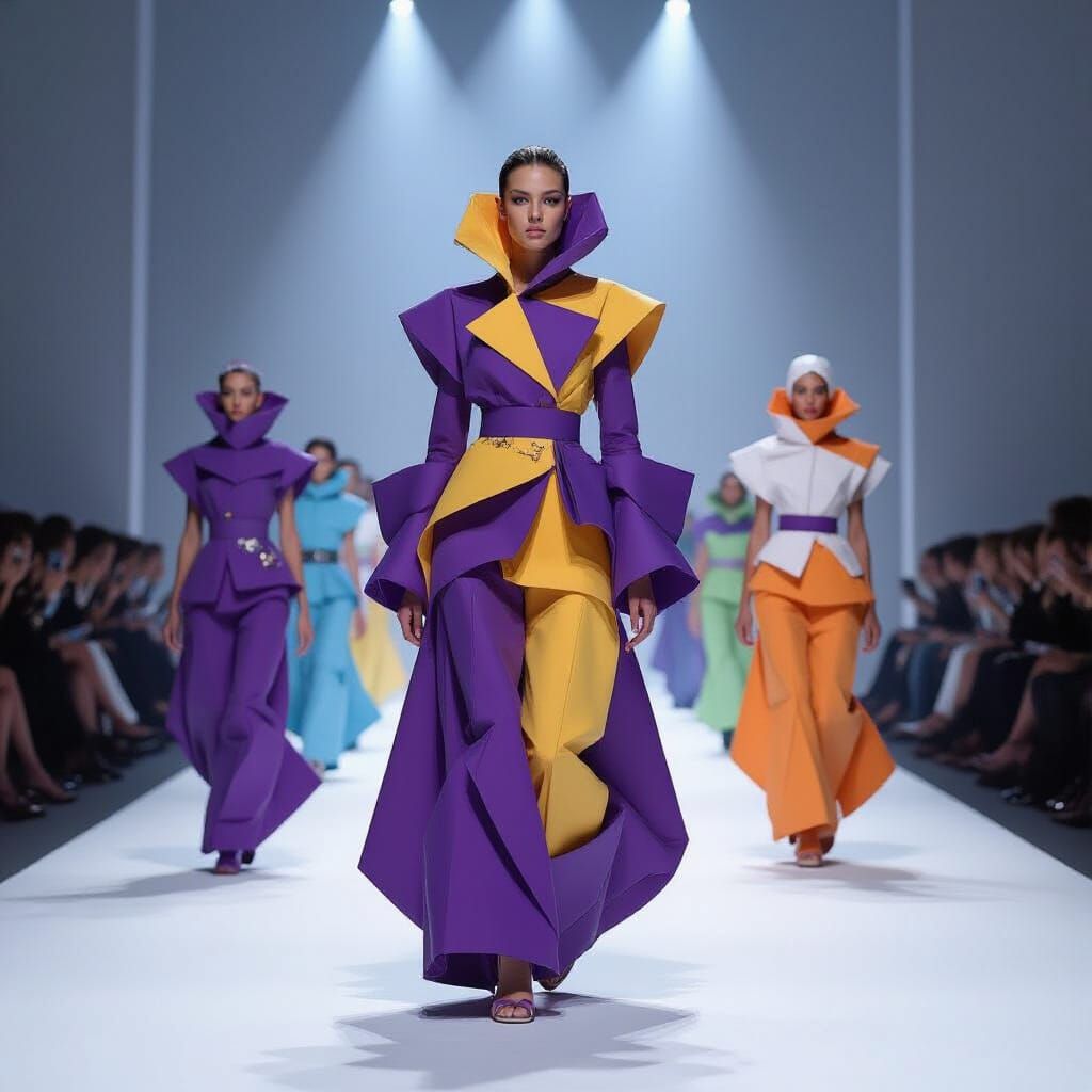 Abstract Paper Models on Runway in Cyberpunk Style