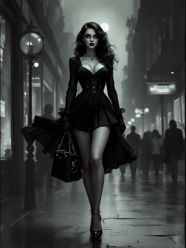 Gothic Pin-Up Woman in Moody City Streets