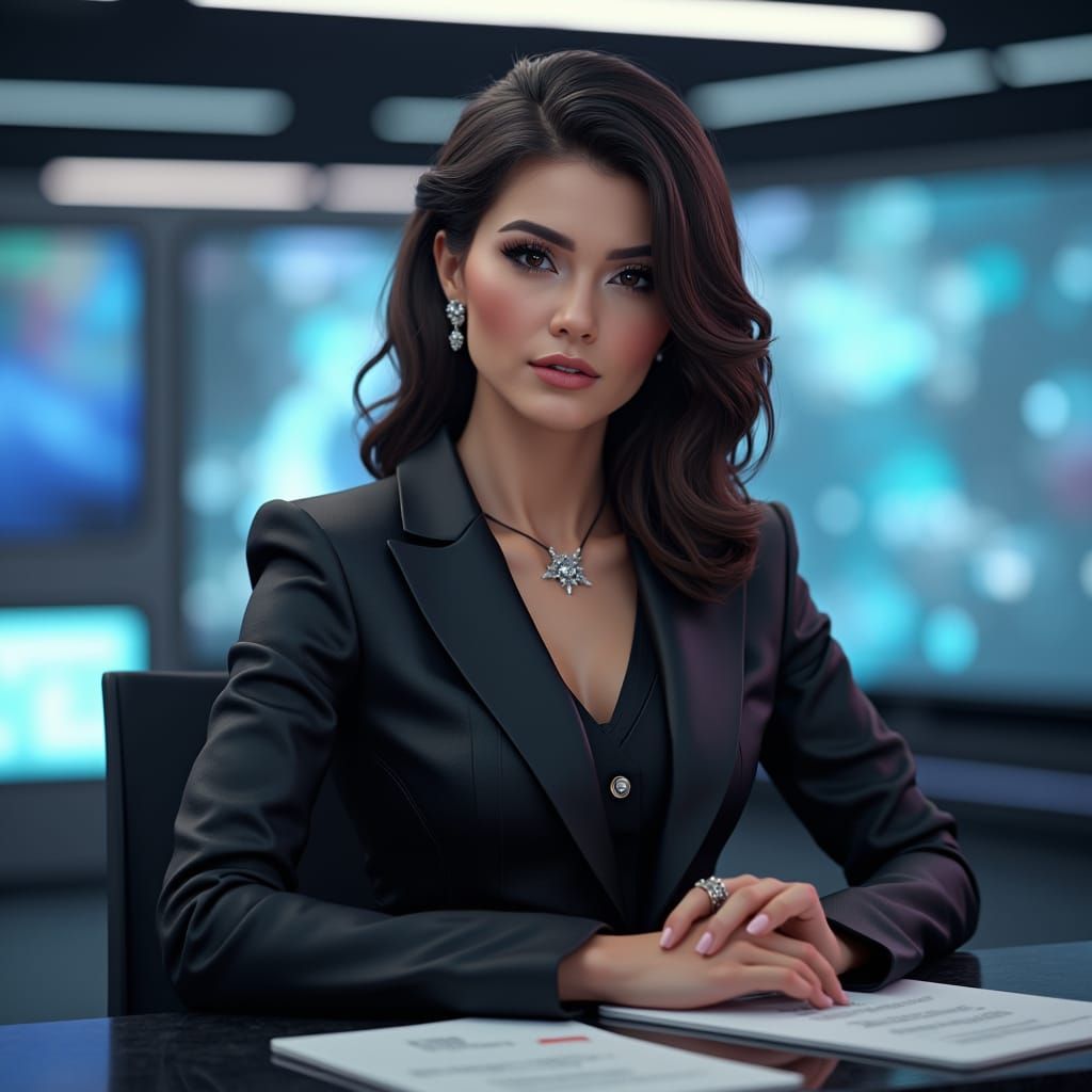 Futuristic News Anchor Portrait in Digital Art Style