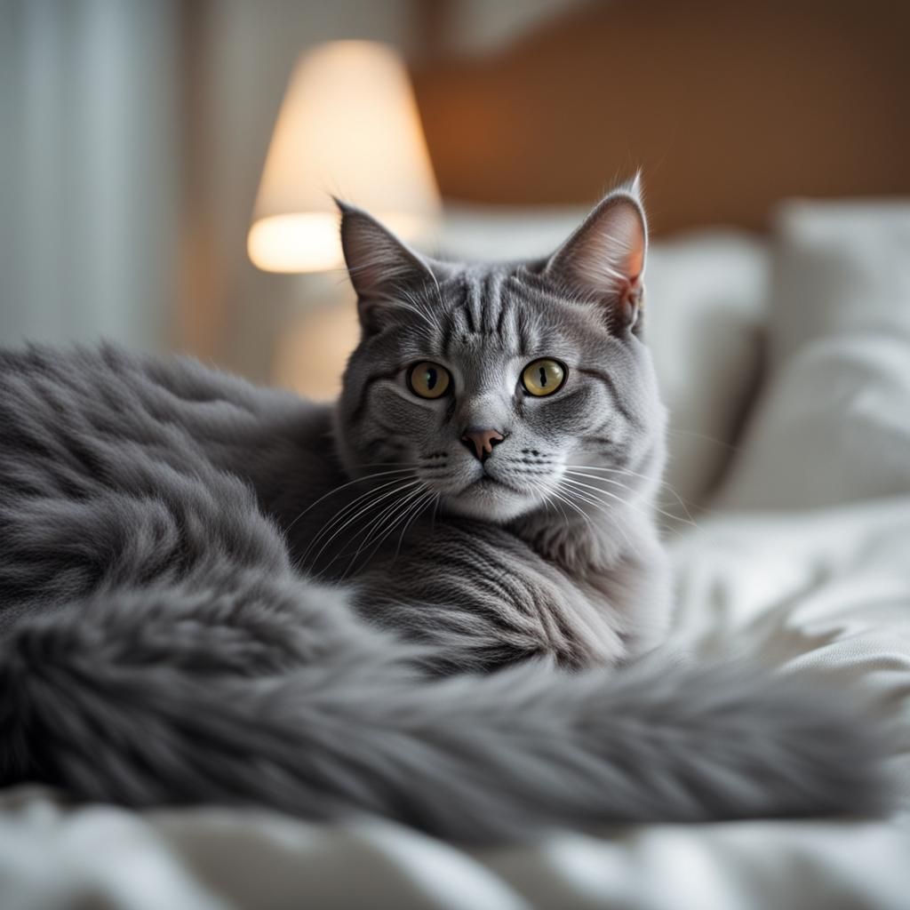Gray Cat Lounges on Bed in Sharp Focus