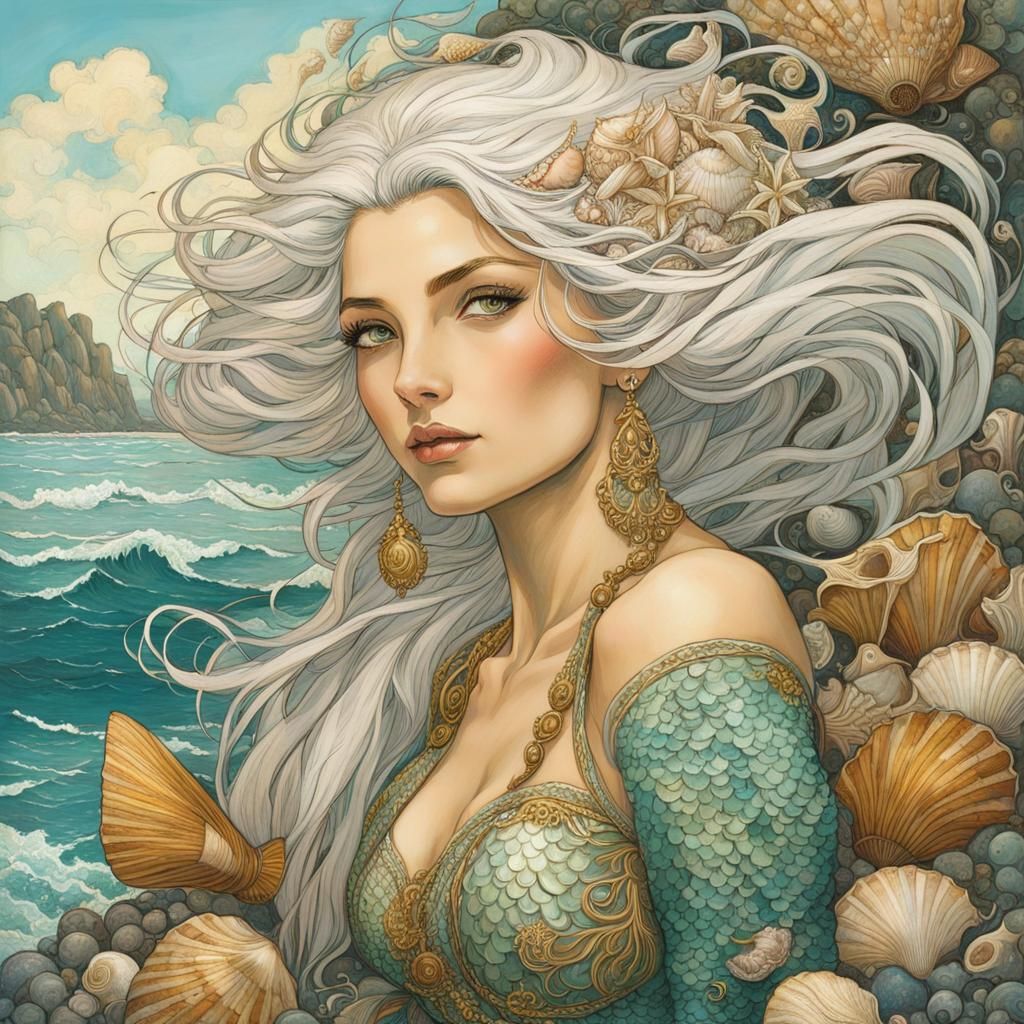 Seashell Mermaid on Private Beach in Painterly Style