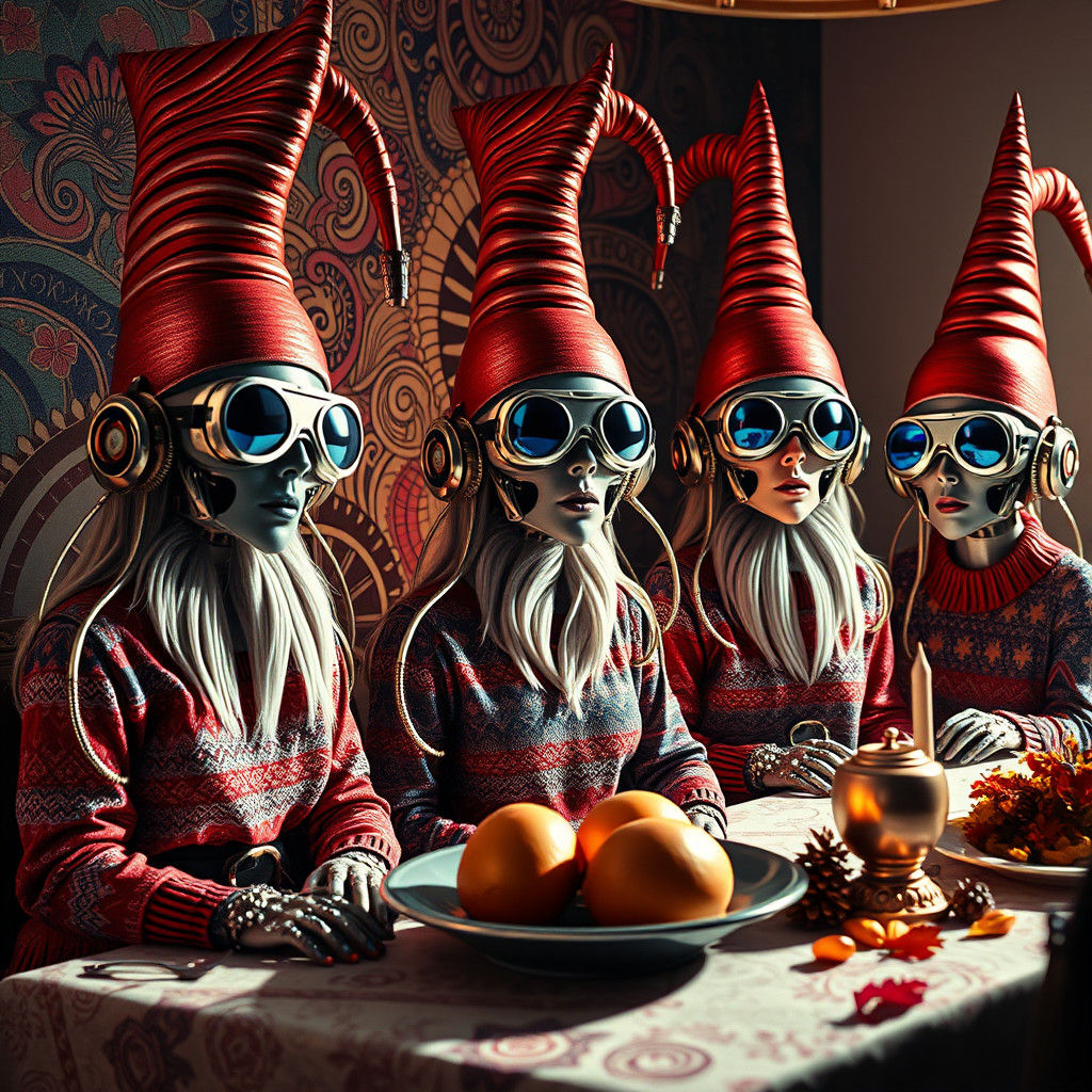 Biomechanical Gnomes Celebrate Thanksgiving in Surreal Style