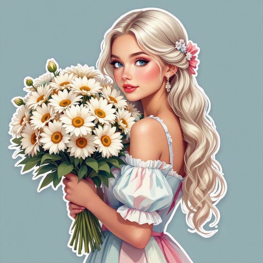 Sticker Design: Slavic Girl with Daisy Bouquet