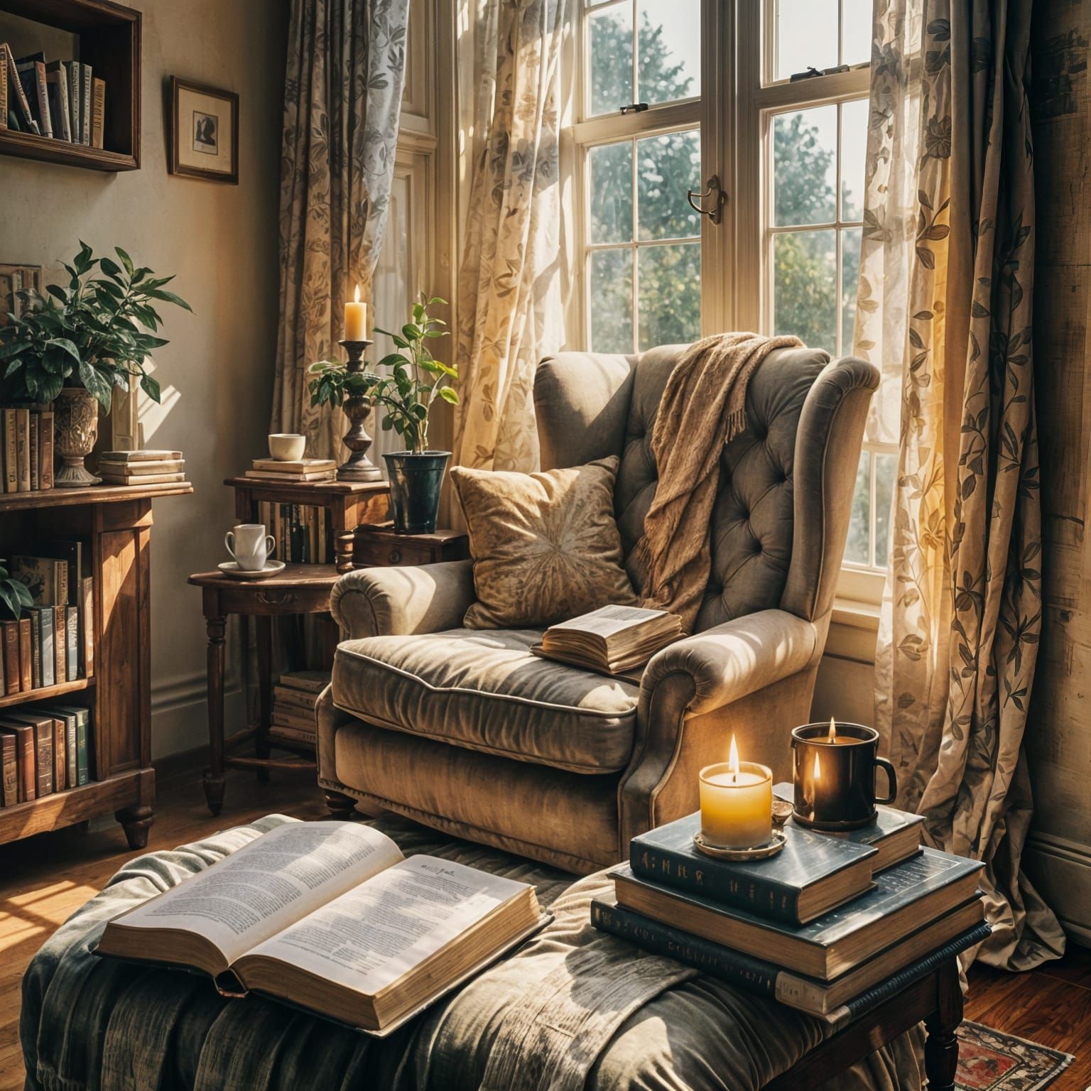 Peaceful Reading Nook with Armchair and Candle