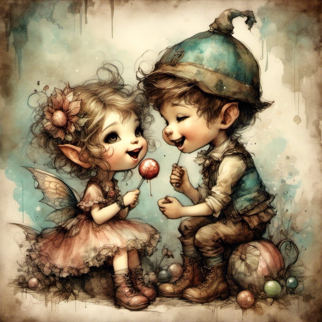 Chibi Children Share a Lollipop, in Amy Brown Style