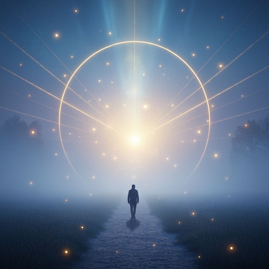 Ethereal Light Guides Solitary Figure on Sacred Journey