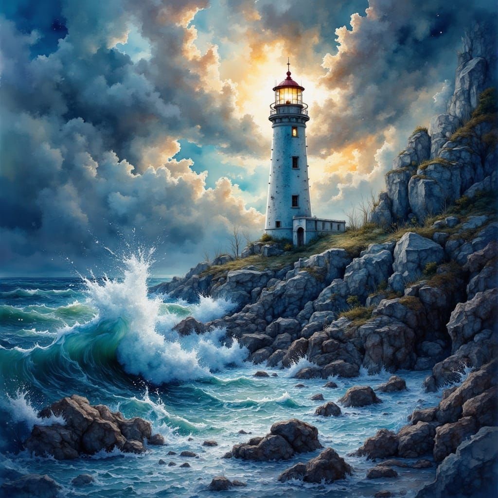 Solitary Lighthouse Braving Stormy Seas in Digital Art
