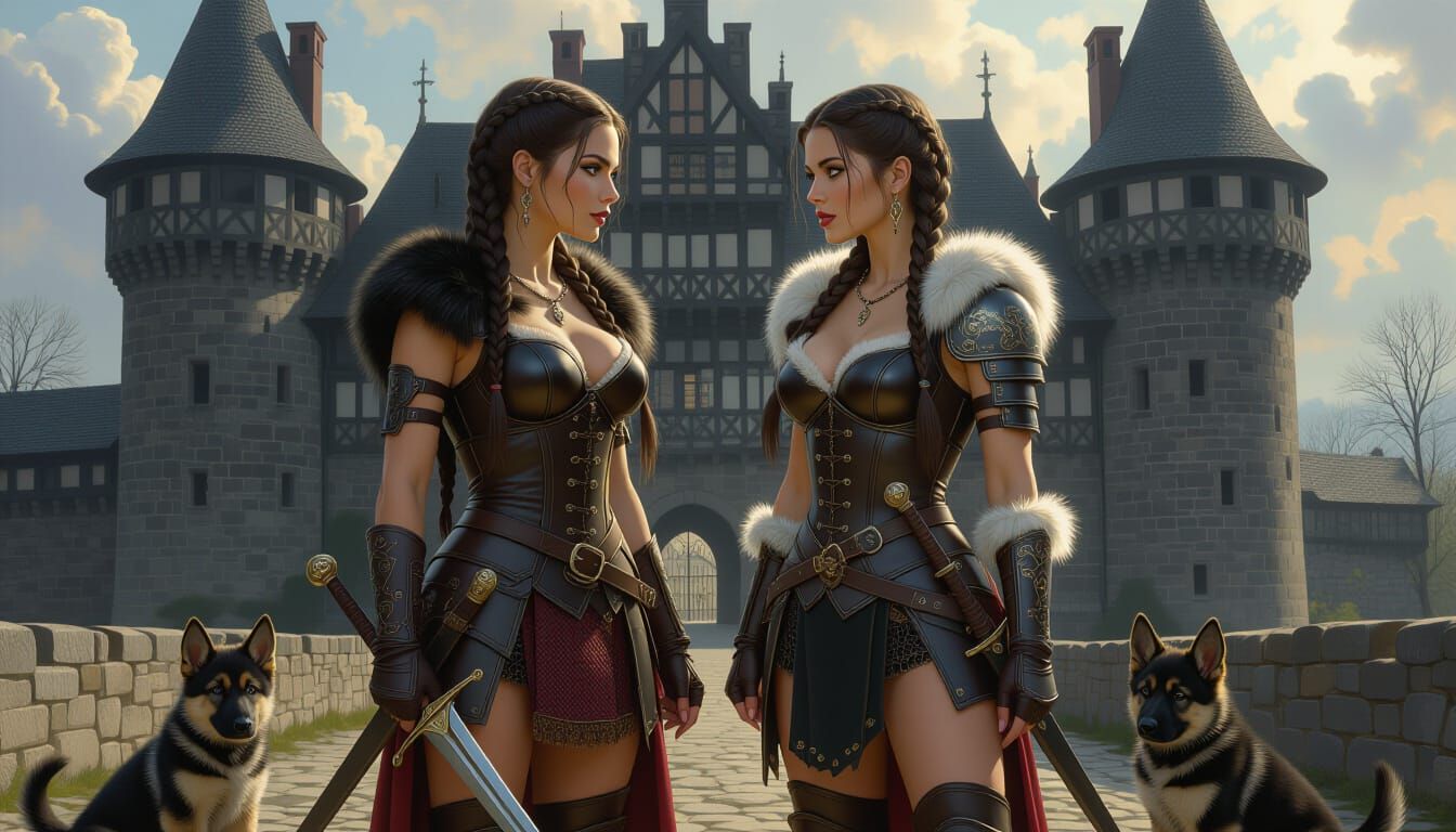 Medieval Women Triumph Before Castle with Puppies
