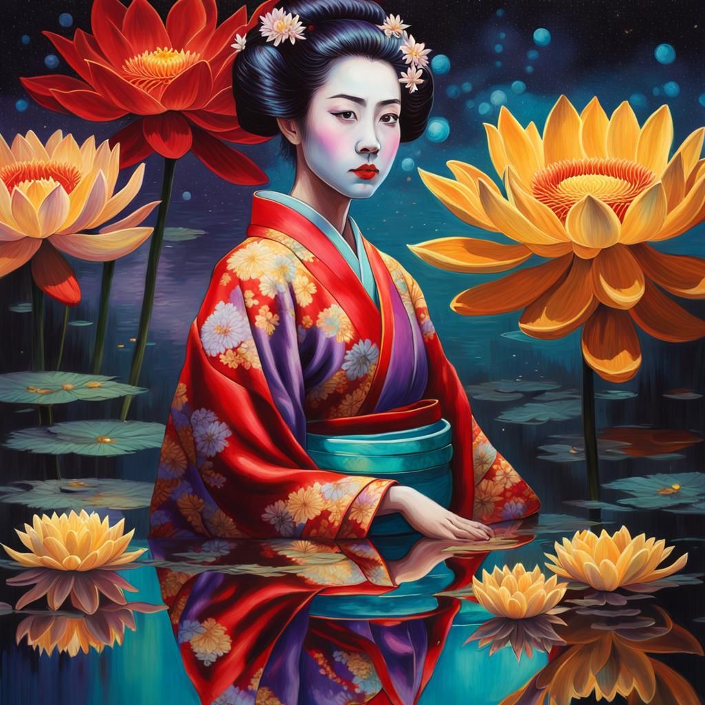 Geisha in Mirrored Reflection, Oil on Canvas Style