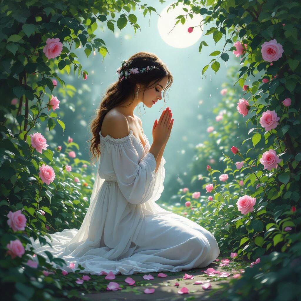 Serene Woman Praying in Moonlit Garden