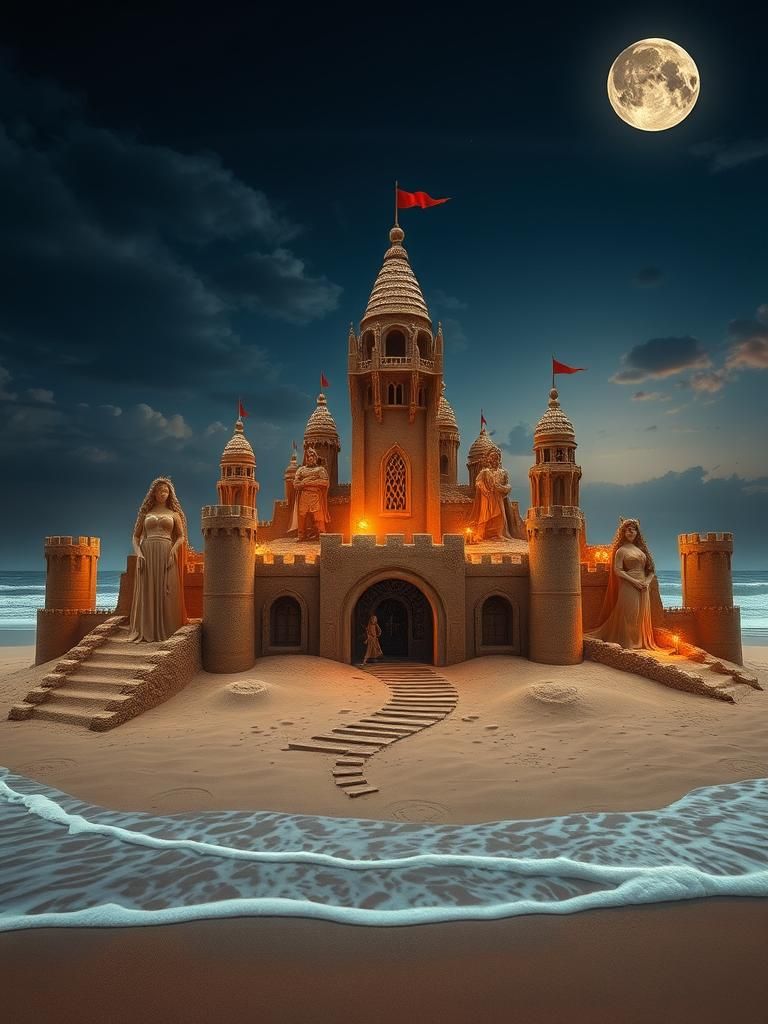 Fantasy Sandcastle Under Moonlight: Detailed Concept Art