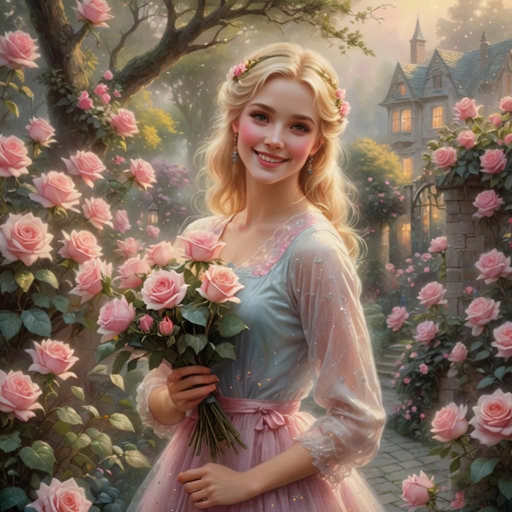 Blond Girl with Rose Bouquet in Garden