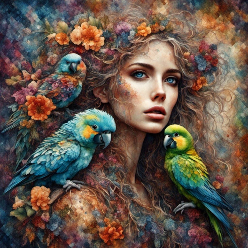 Lady with Parakeet in 3D Encaustic Style