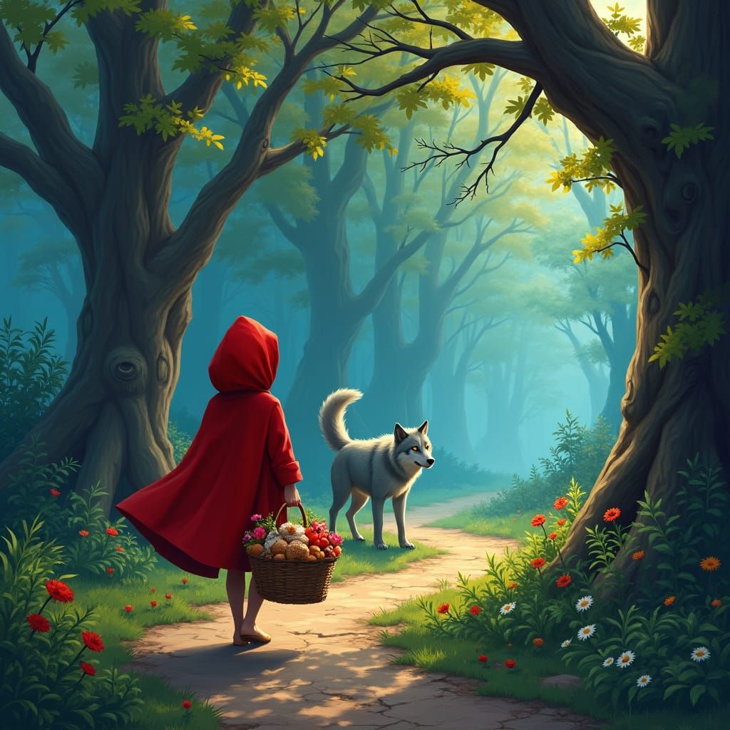 Little Red Riding Hood in Shadowed Forest