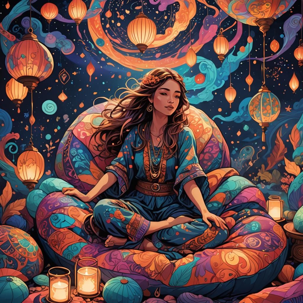 Psychedelic Dreamscape: Girl in Magical Beanbag Chair