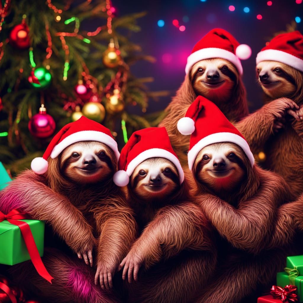 Sloths Party in Christmas Outfits: Synthwave Neon