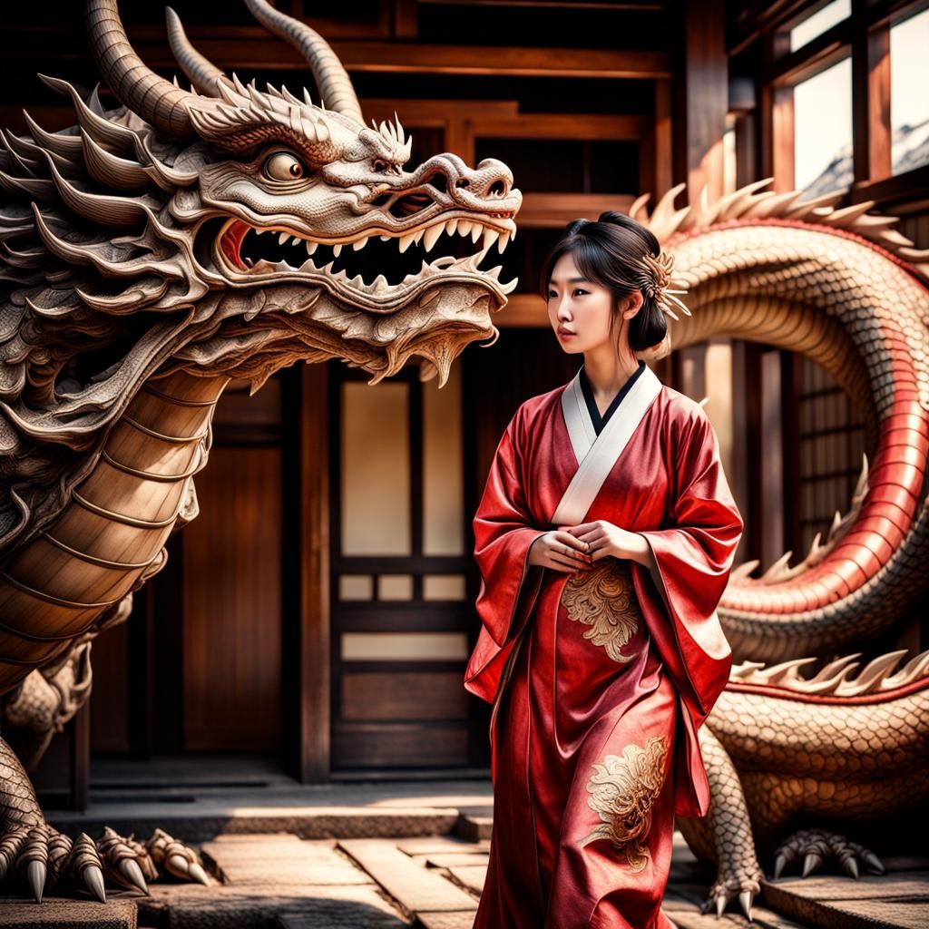 Japanese Woman and Dragon in Hyperrealistic Style
