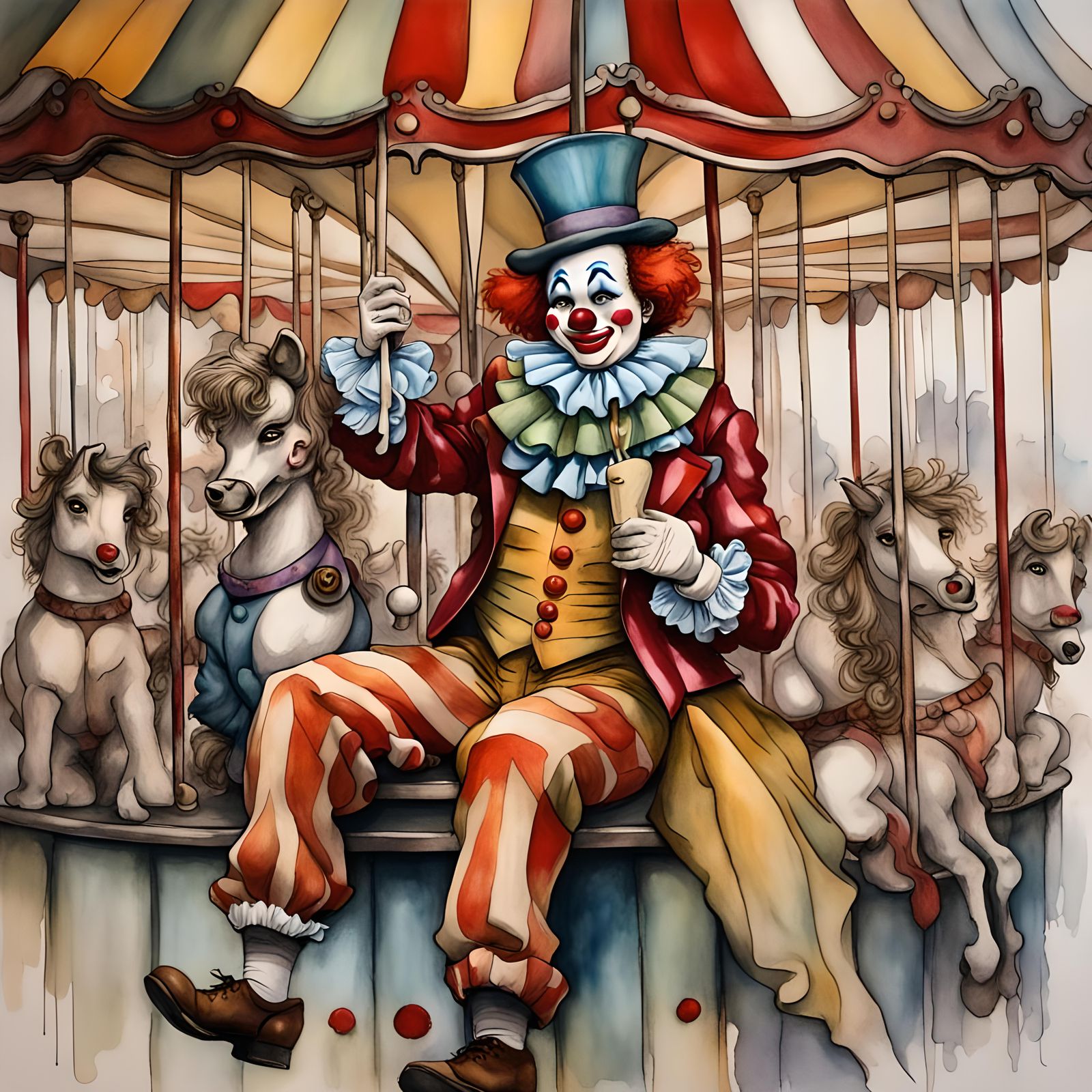 Beautiful nostalgic scene, Clown,  carousel, whimsical,   Fa...