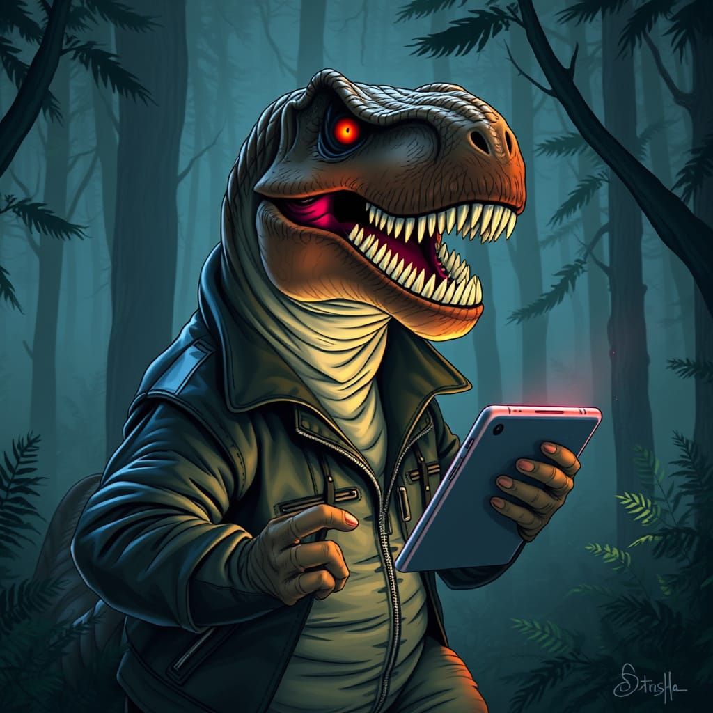 T-Rex Using iPad in Prehistoric Forest, Synthwave Style