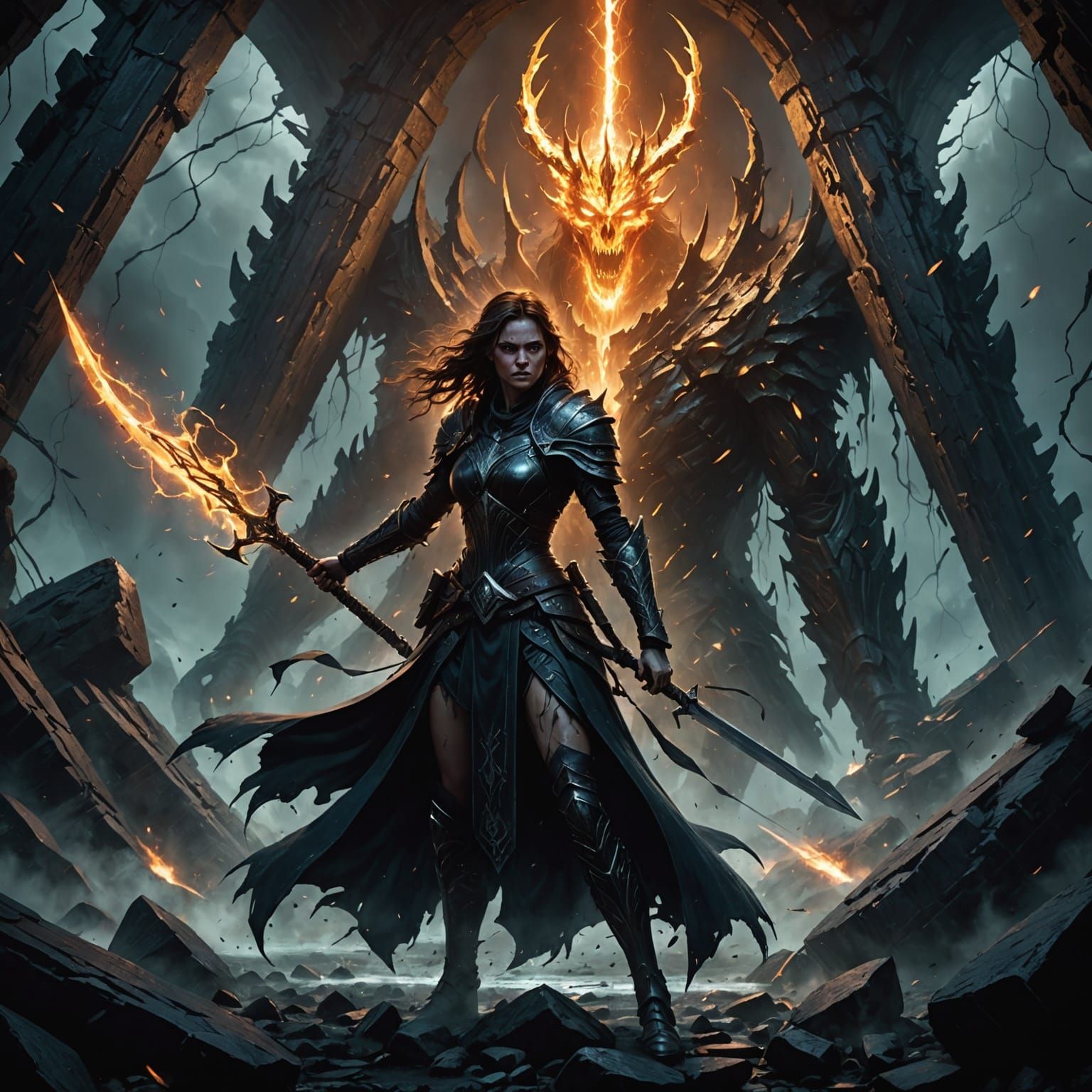 Warden Guards Ominous Portal in Dark Fantasy Scene