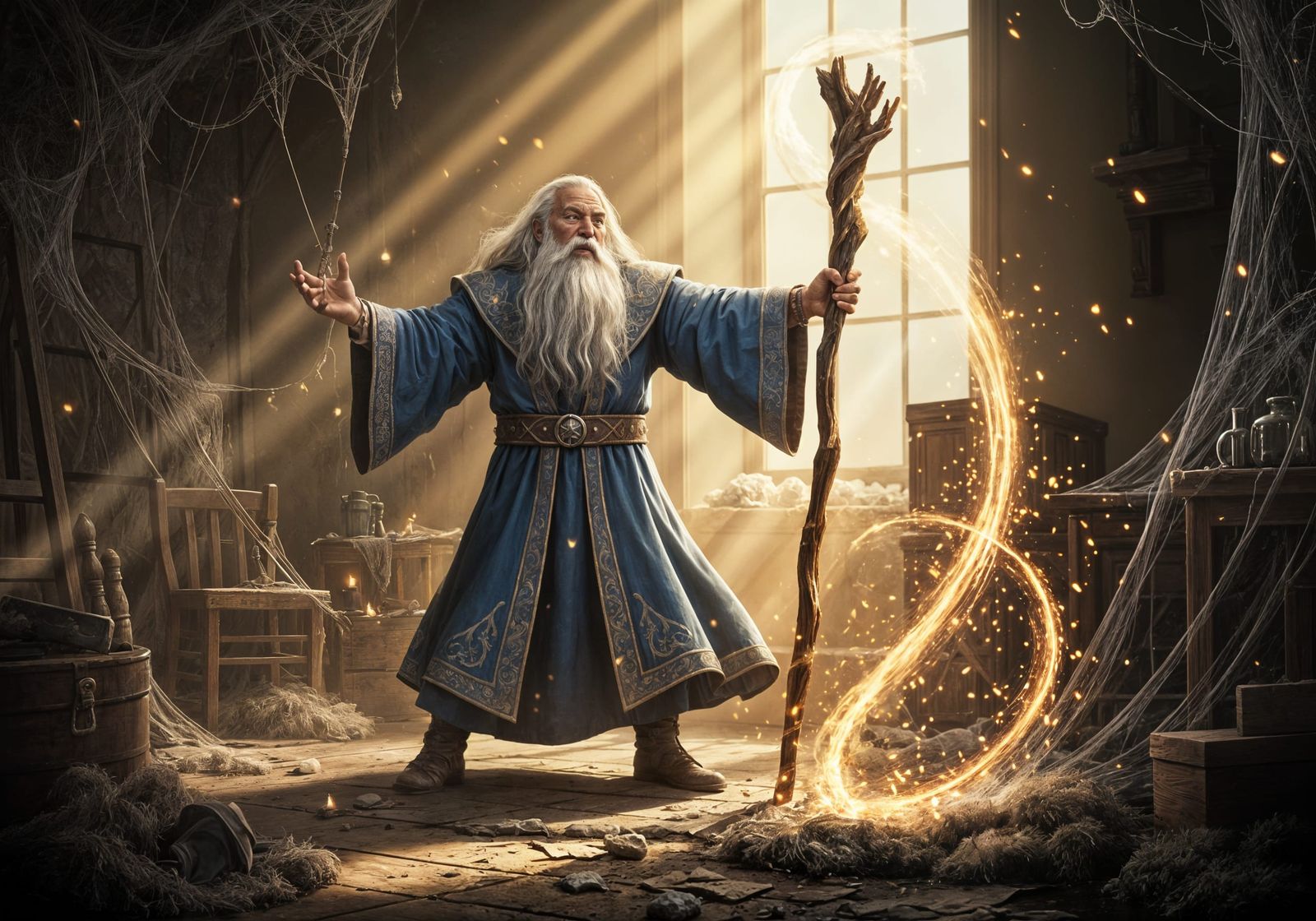 Wizard Cleans Dirty Room With Magic Staff