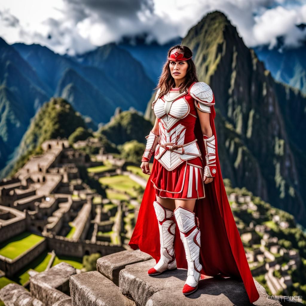 Peruvian Superheroine at Machu Picchu in Marvel Style