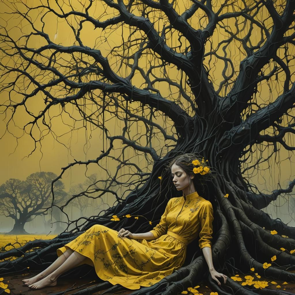Surreal Lady Under Tree with Yellow Rain