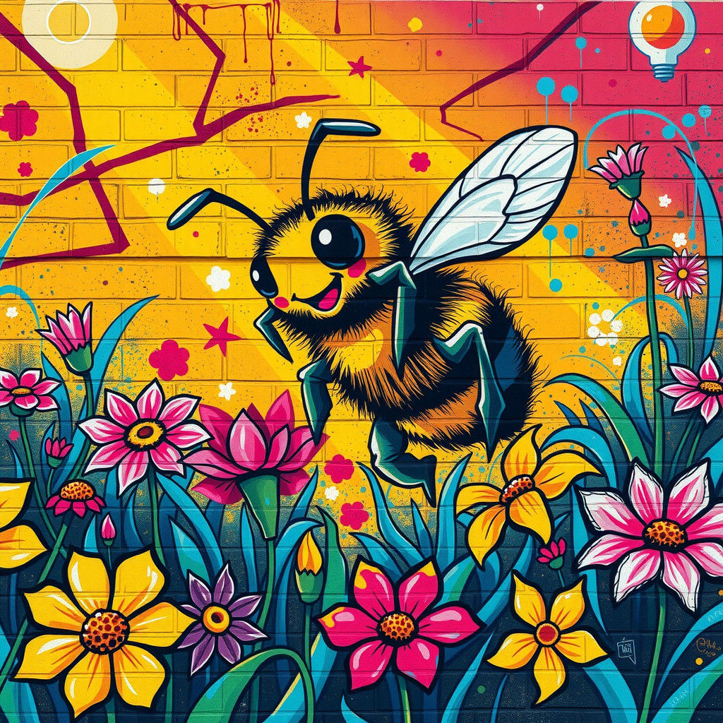 Bee Mural in Vibrant Street Art Style