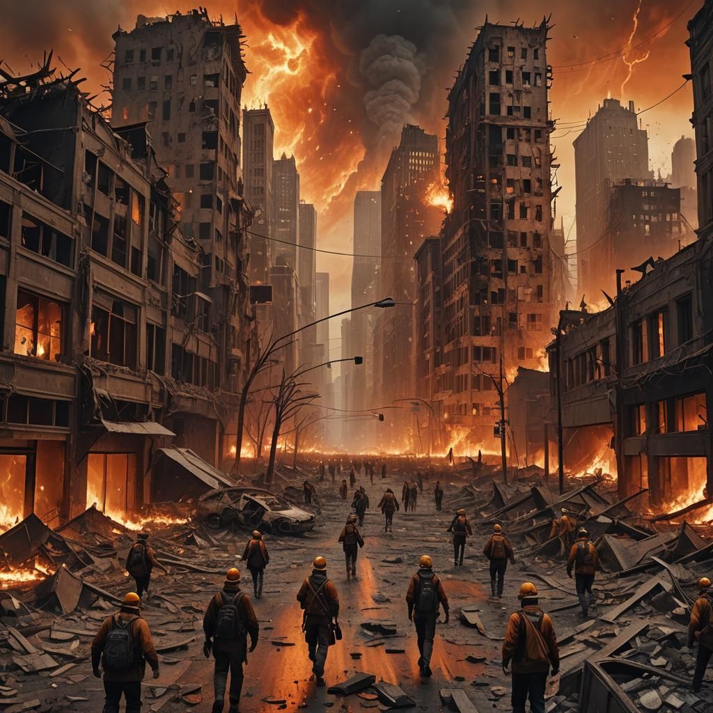 Apocalyptic Cityscape in Ruins with Firestorm Glow