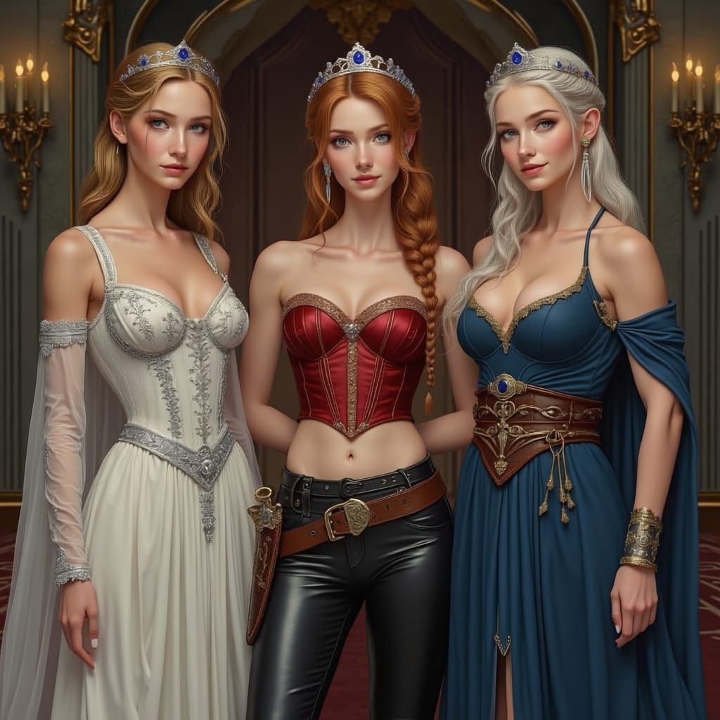 Three Royal Sisters in Medieval Throne Room