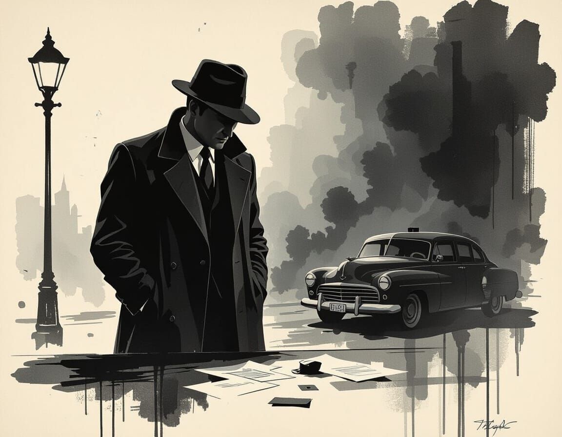 Detective Examines Clues in Dramatic Film Noir Style