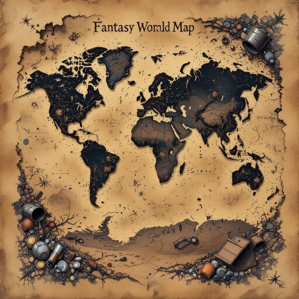 Post-Apocalyptic Fantasy World Map in Top-Down View