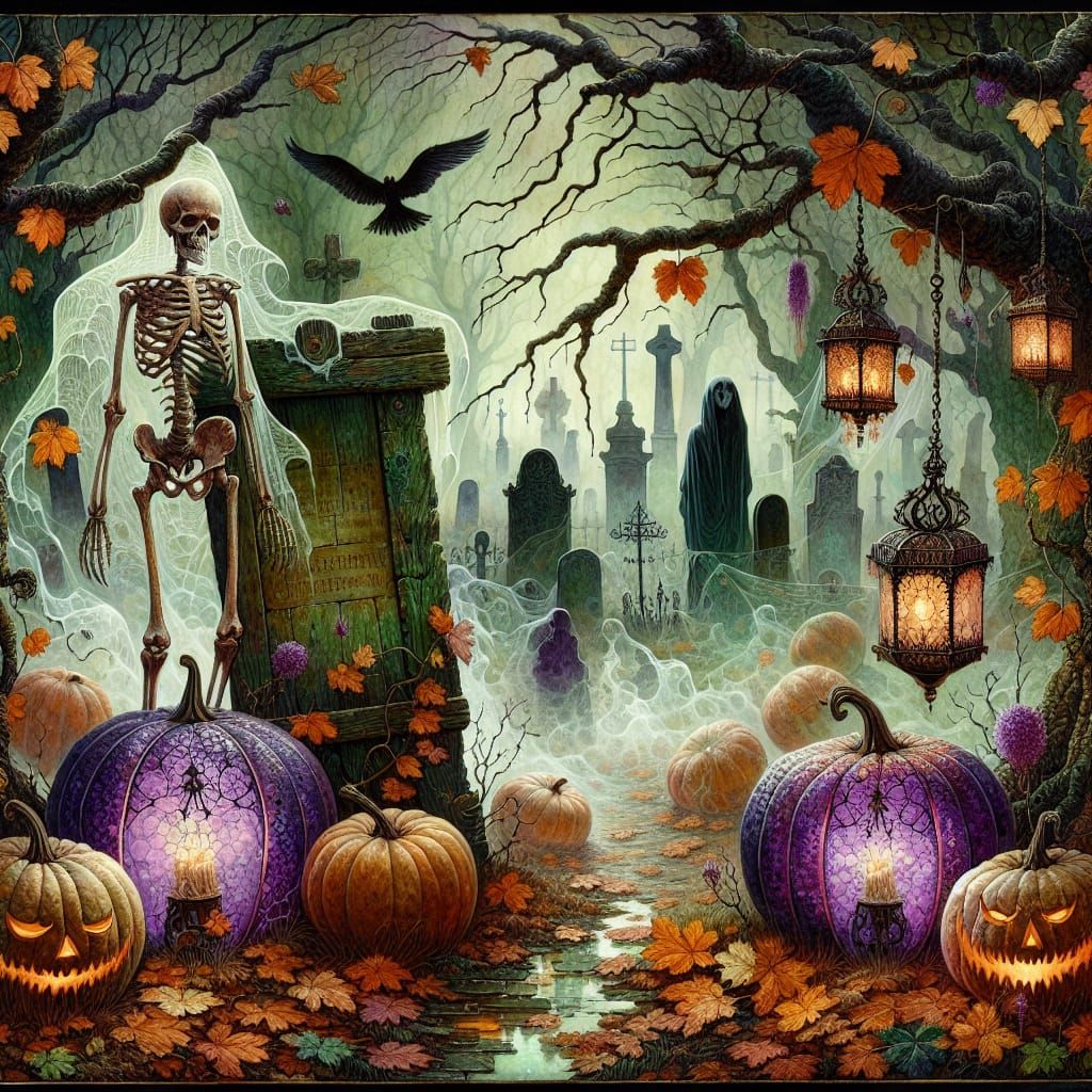 Eerie Halloween Forest Scene in Cubist Watercolor Style