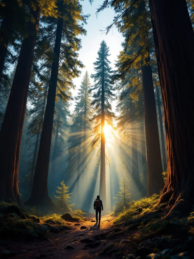 Hiker in Giant Sequoia Forest at Magic Hour