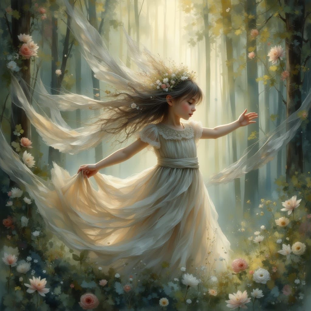 Dreamy Girl Reaches for Invisible Fawn in Magical Atmosphere