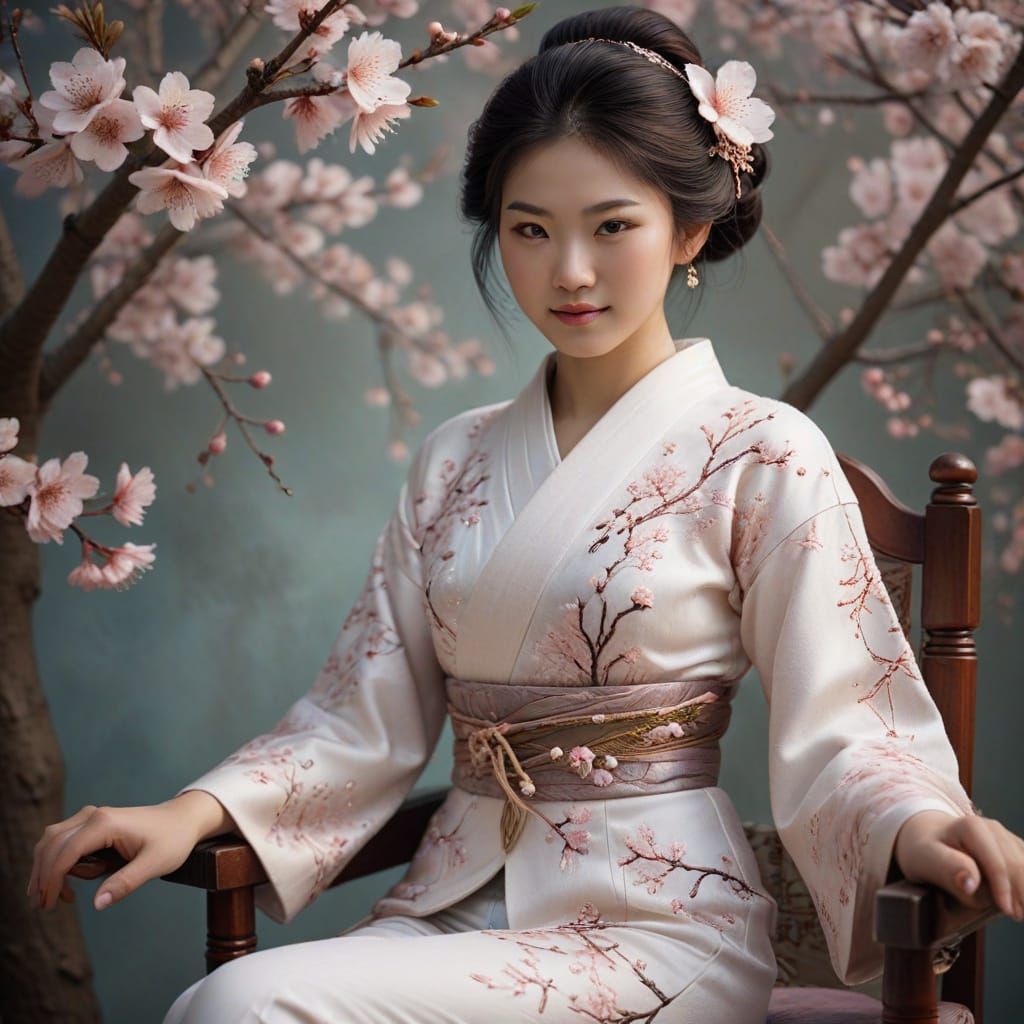 Japanese Geisha in Cherry Blossoms Digital Matte Painting