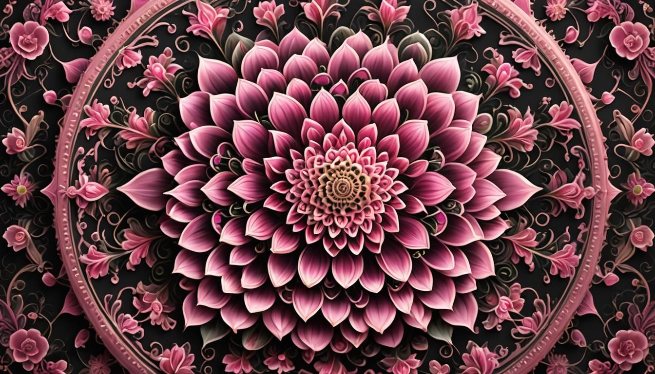 Hyperrealistic Pink Floral Mandala in Triadic Colors