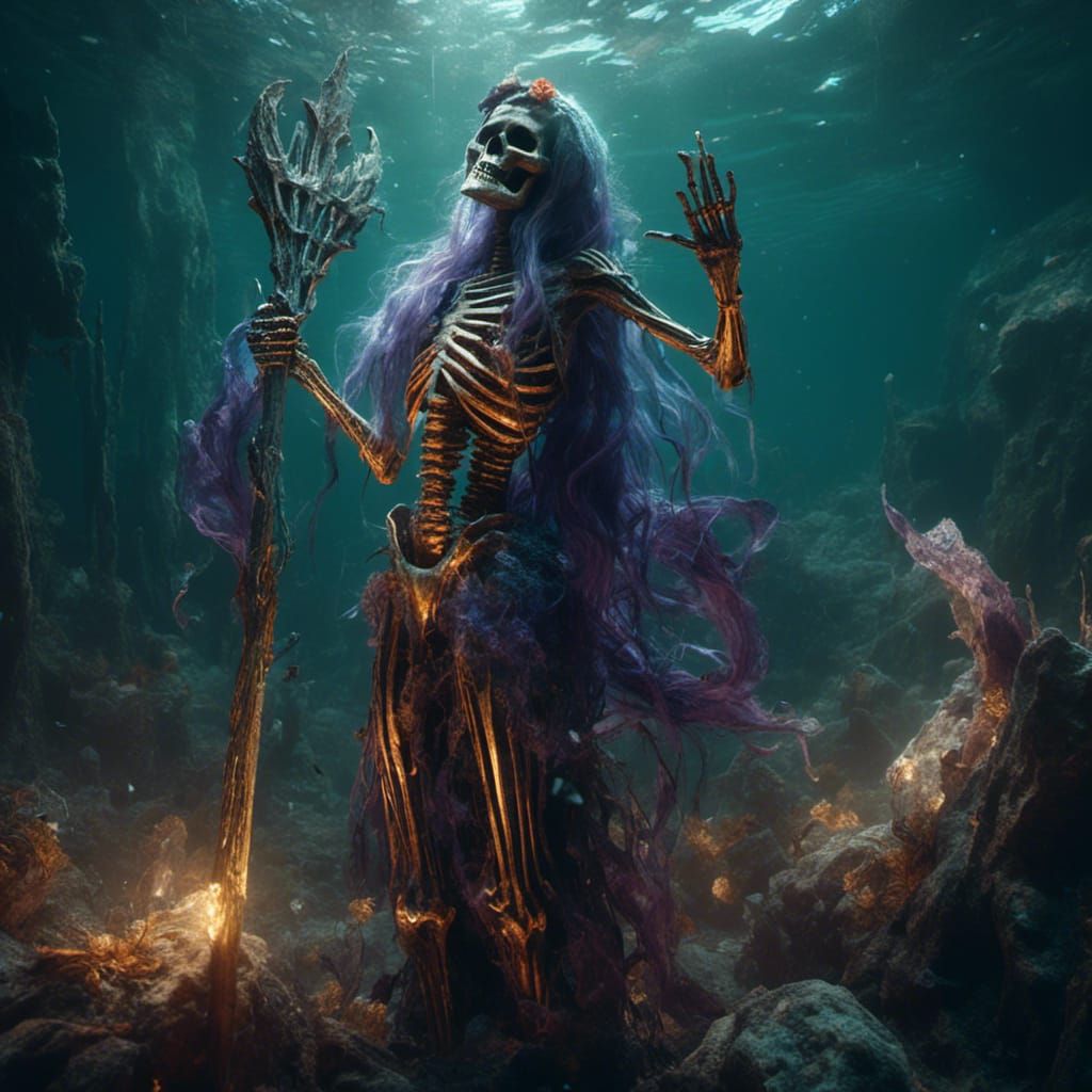 Shimmery Mermaid Skeleton with Trident in Dark Fantasy Art